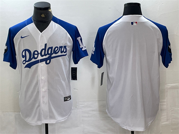 Men's Los Angeles Dodgers Blank White/Blue Vin Patch Cool Base Stitched Baseball Jersey